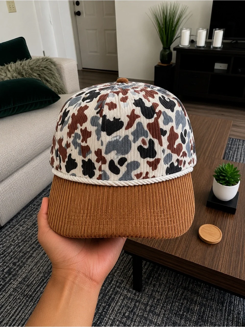 Corduroy Trucker Cap with Brown/White Camo Print